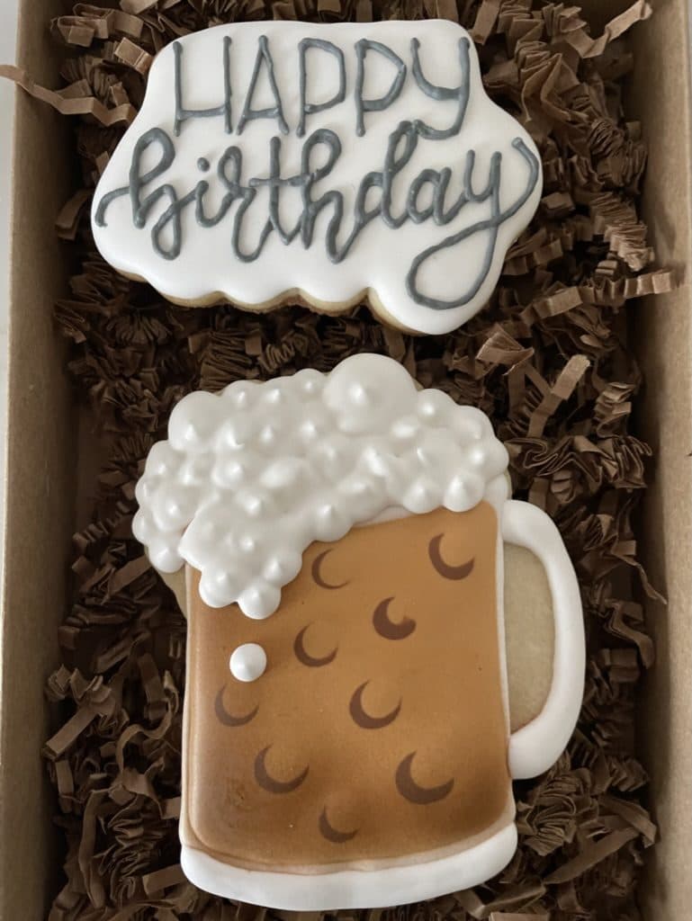 Happy Birthday plaque cookie and frothy beer mug cookie
