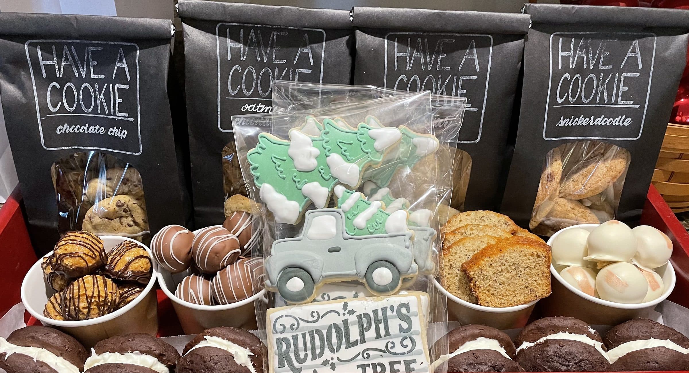 Holiday cookie and treat display with Rudolph's Tree packaging